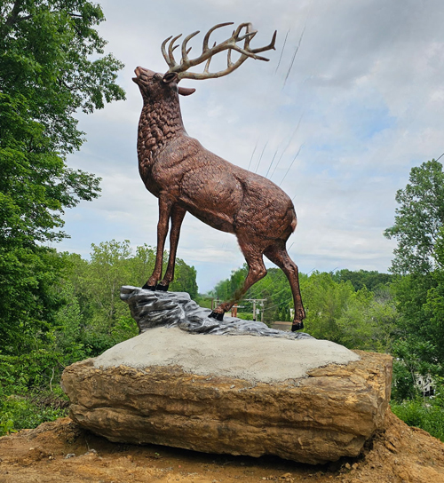 This elk stands at the top of the falls at Rocky Falls Campground & RV Park.